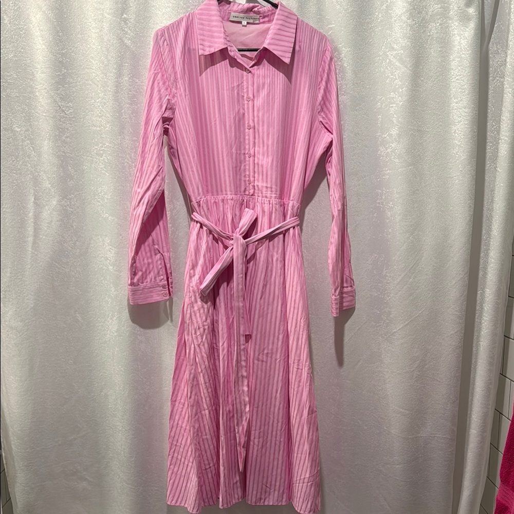 English Factory Pink and White Long Sleeve Shirt Dress